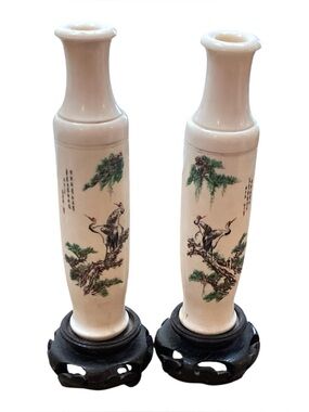 Vintage Chinese Porcelain Crane and Pine Bud Vases with Calligraphy Pair